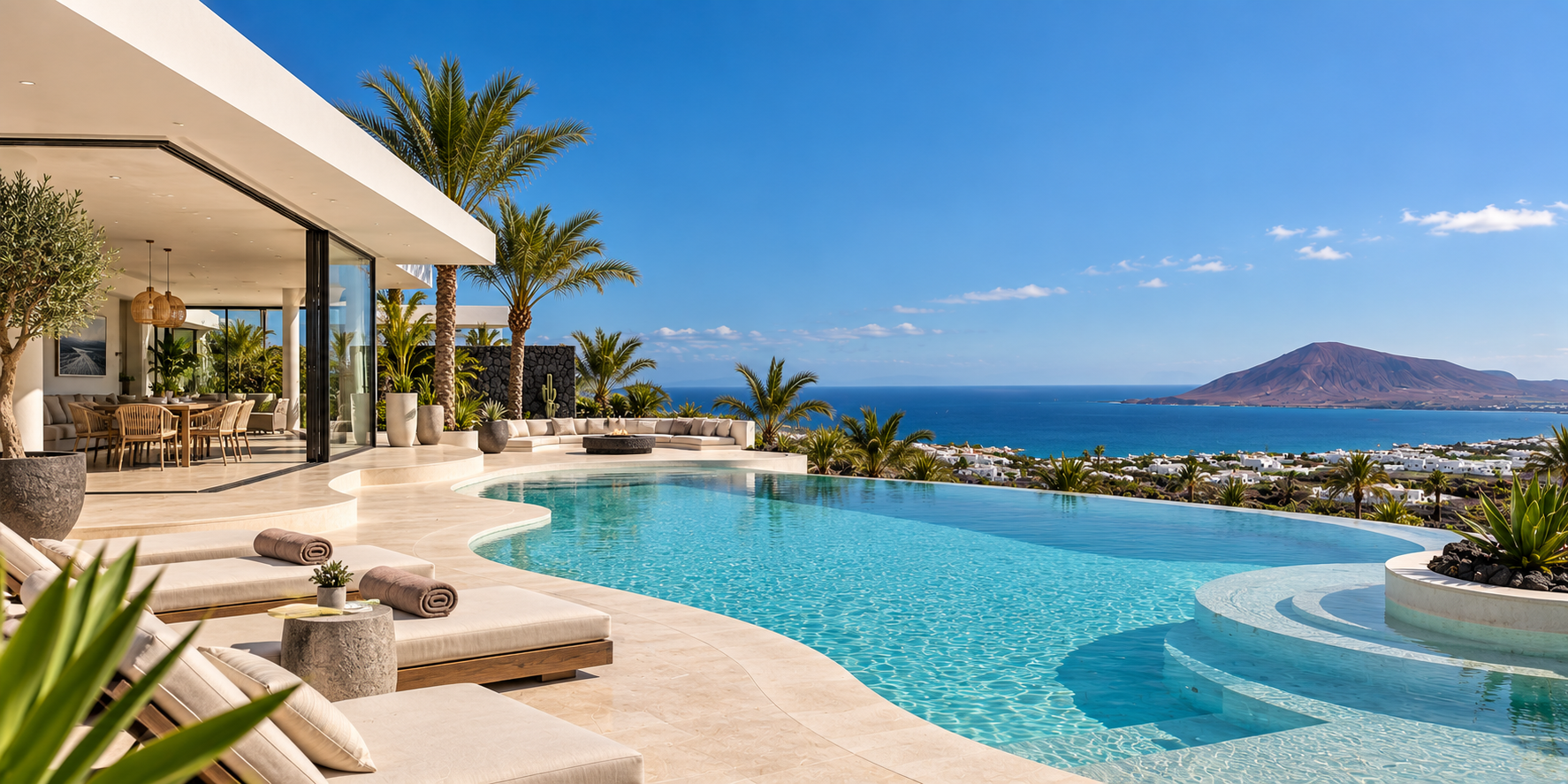 Modern villa terrace overlooking the ocean in Lanzarote